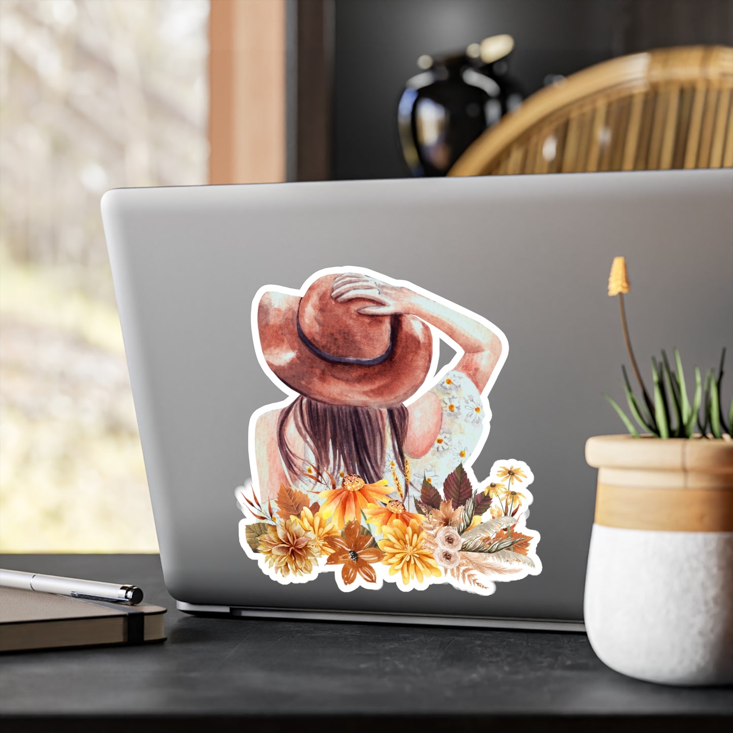 Autumn Vibes, Woman in a hat, boho-chic, Kiss-Cut Vinyl Decals