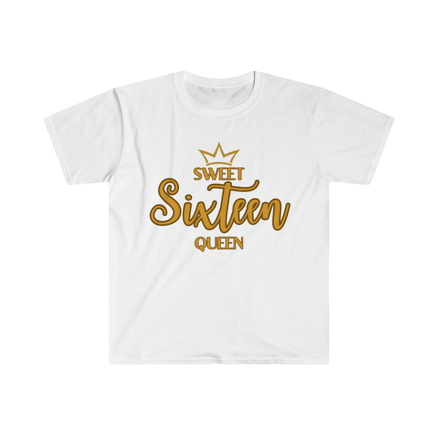 Sweet Sixteen Queen - Unisex Softstyle T-Shirt (gold lettering)