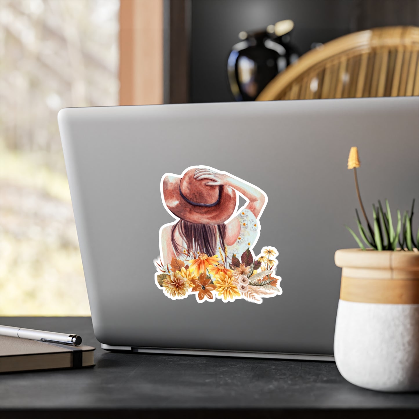 Autumn Vibes, Woman in a hat, boho-chic, Kiss-Cut Vinyl Decals