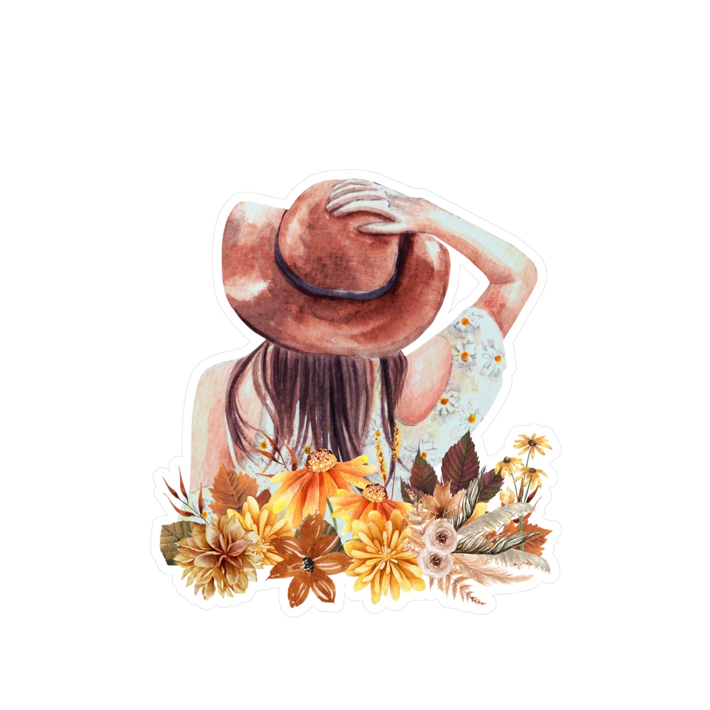 Autumn Vibes, Woman in a hat, boho-chic, Kiss-Cut Vinyl Decals